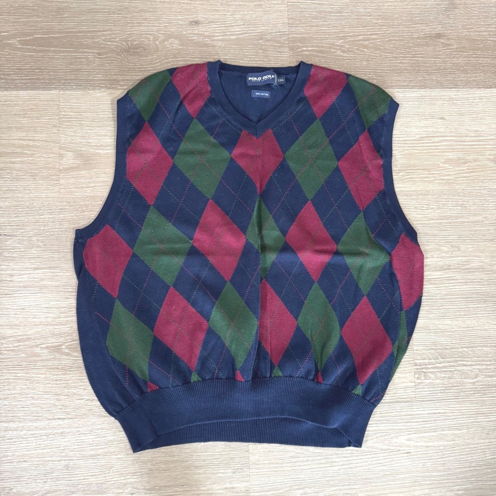 Vtg Polo Golf Ralph Lauren Sweater Vest Mens XXL Navy Blue Argyle V-Neck Cotton